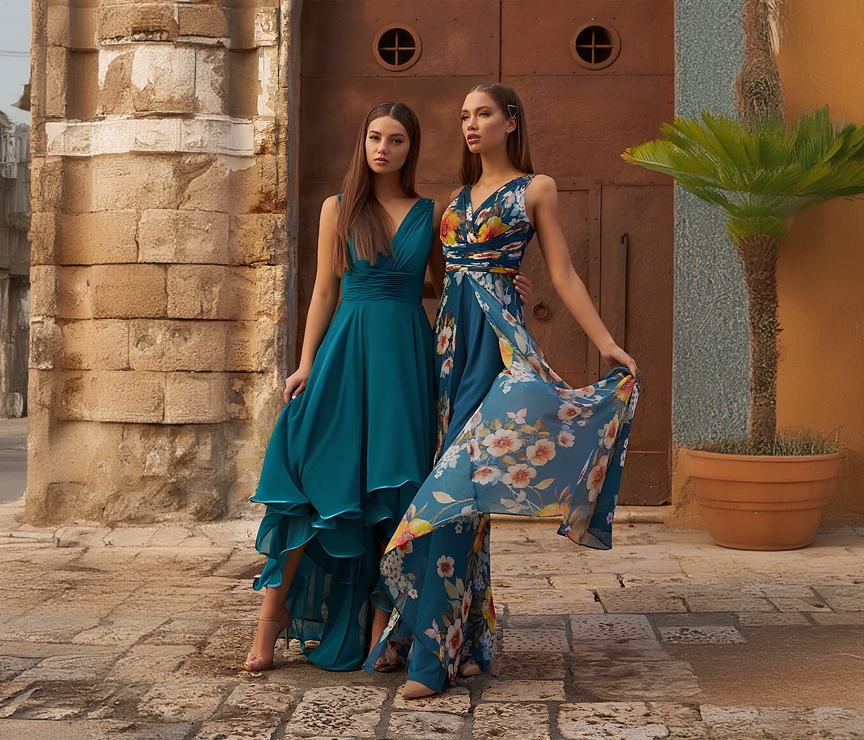 Deux femme qui pose en robe cocktail bleu dans des rue ensablé 